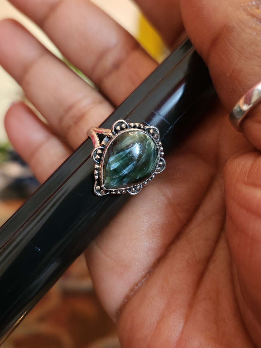 925 Sterling Silver Seraphanite Stone Teardrop Ring